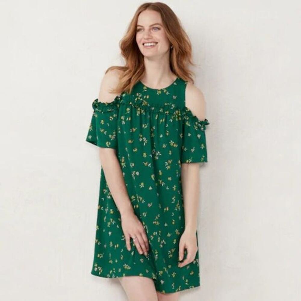 LC Lauren Conrad Green Floral Cold Shoulder Ruffled Blouse Women's Size Small